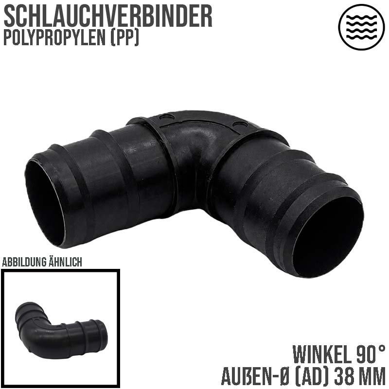 38 mm Winkel 90° PP Schlauch Tülle Stutzen Verbinder Pool Schlauch schwarz - PN 4 bar