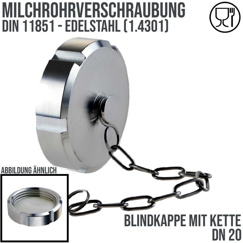 DN 20 Milchrohr Verschraubung DIN 11851 Kappe Verschluss mit Kette - PN 25 bar