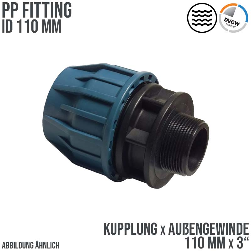 110 mm x 3" PE PP Fitting Klemm Verbinder Verschraubung Muffe Rohr Kupplung x AG DVGW - PN 16 bar