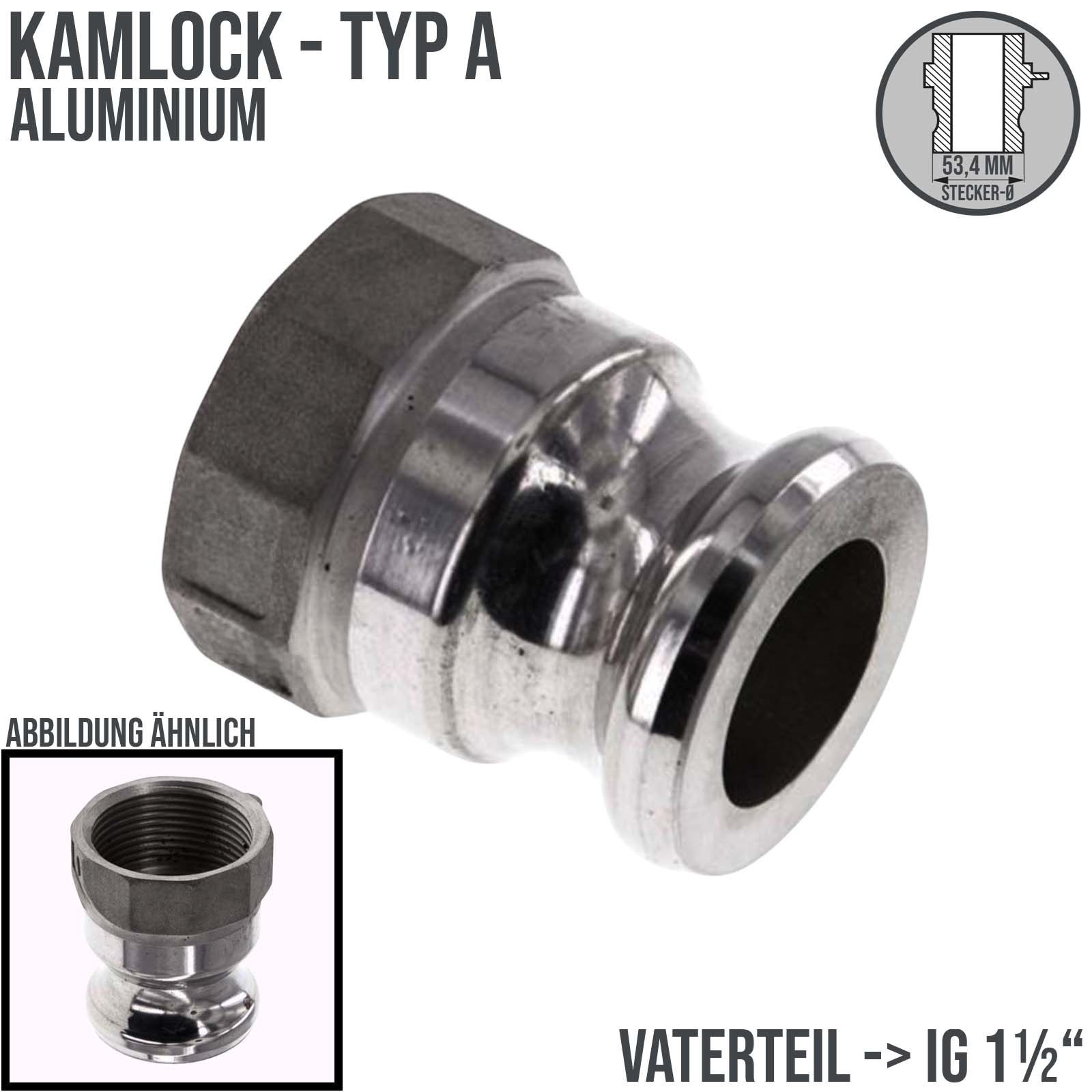 Kamlock Typ A - Vaterteil Aluminium - 53,4 mm Stecker mit Innengewinde (IG) 1 1/2" Zoll DN 38 - PN 10 bar