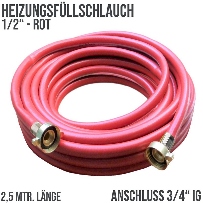 2,5 m Heizungs Füll Wasser Heizkörper Radiator Sanitär Schlauch rot 3/4" Anschluss - PN 8 bar