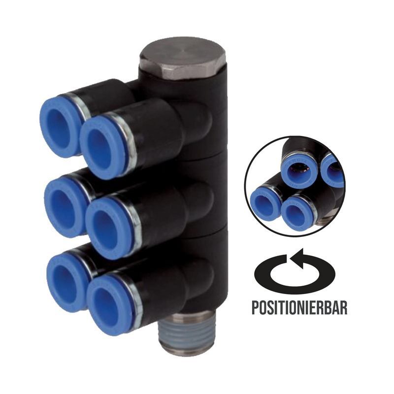 4 mm x 1/8" Pneumatik Steck Verbinder 6-fach Verteiler IQS Außengewinde konisch - PN 20 bar