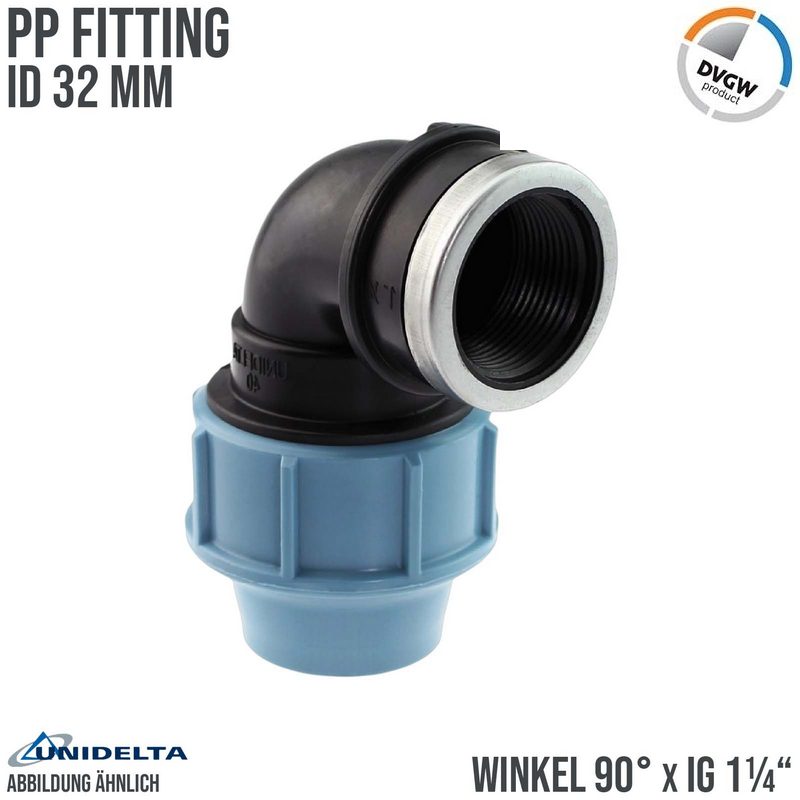 32 mm x 1 1/4" PE PP Fitting Klemm Verbinder Verschraubung Rohr Winkel 90° x IG DVGW - Unidelta