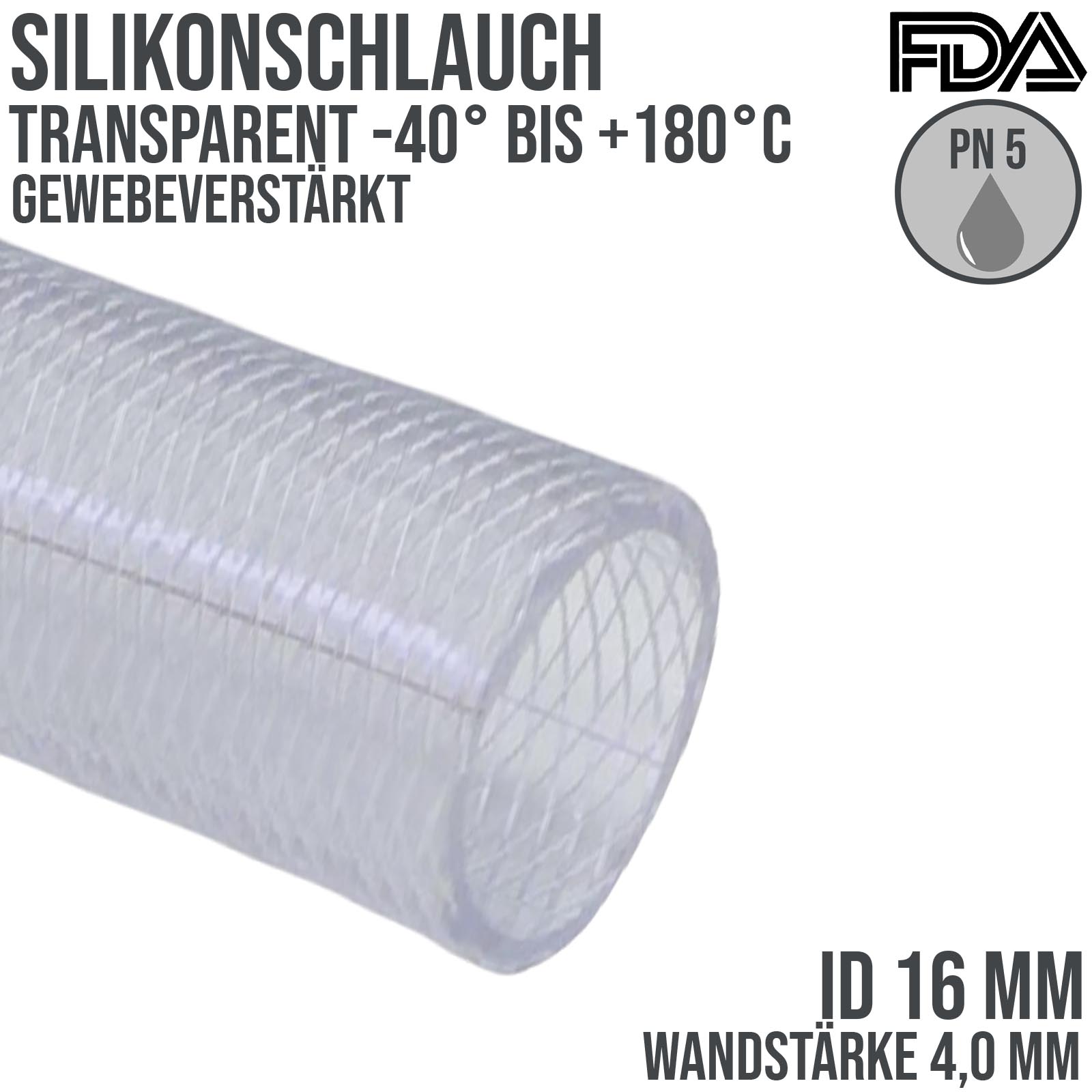 16 x 24 mm Silikon Silicon Schlauch Gewebe transparent lebensmittelecht FDA PN 5 bar