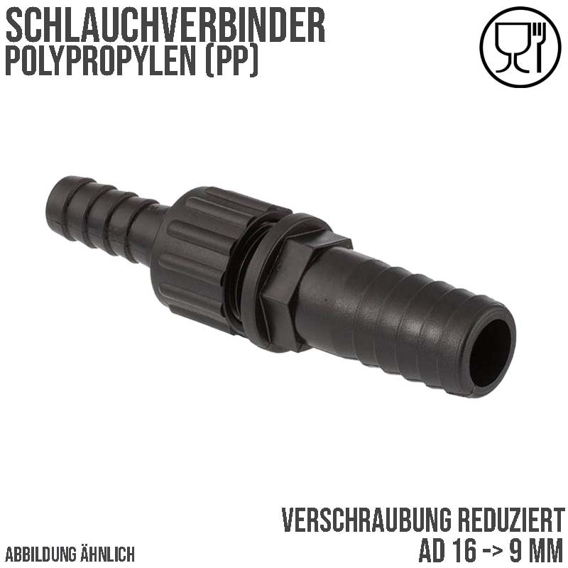 16 x 9 mm Schlauch Verschraubung reduziert 2-fach Stutzen Tülle Pool Teich Garten PP schwarz - PN 6 bar