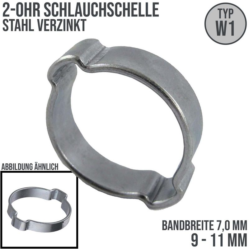 9 - 11 mm 2-Ohr Doppel Schlauch Schelle Stahl verzinkt W1 - Bandbr. 7,0 mm