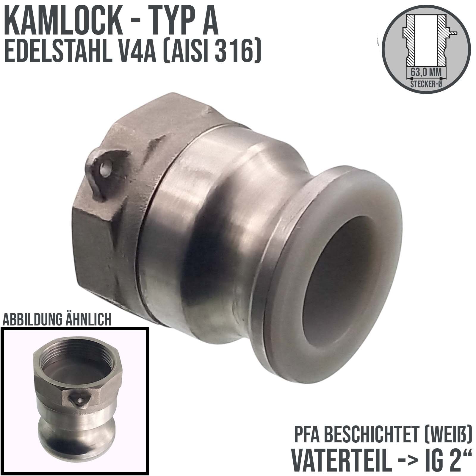 Kamlock Typ A - Vaterteil Edelstahl V2A (AISI 316) - 63,0 mm Stecker mit Innengewinde (IG) 2" Zoll DN 50 PFA beschichtet - PN 25 bar