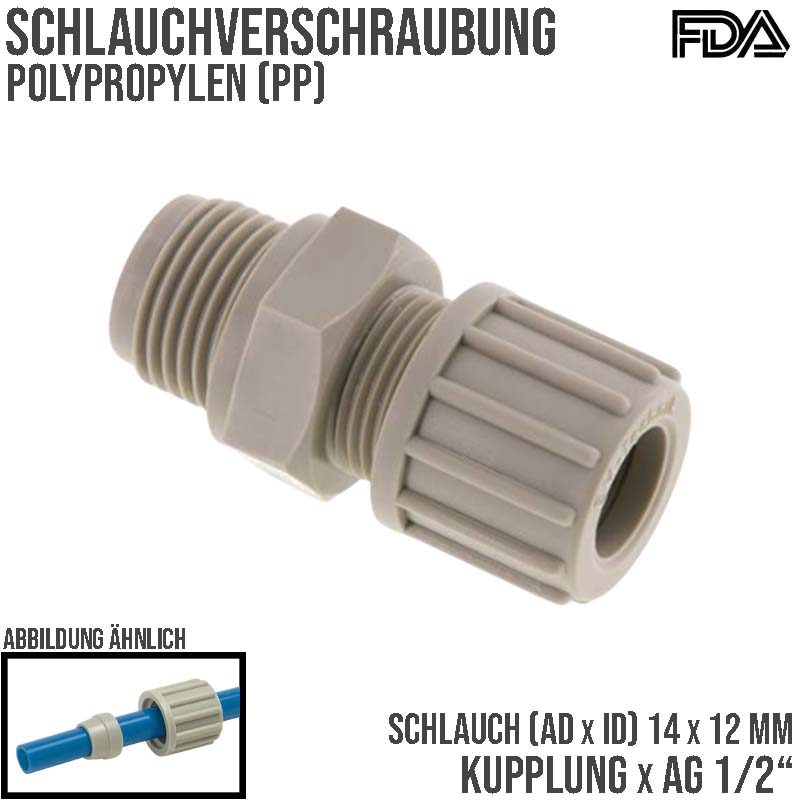 14 x 12 mm x 1/2" Kupplung Aussengewinde PA PP Schlauch Verbinder FDA - PN 10 bar