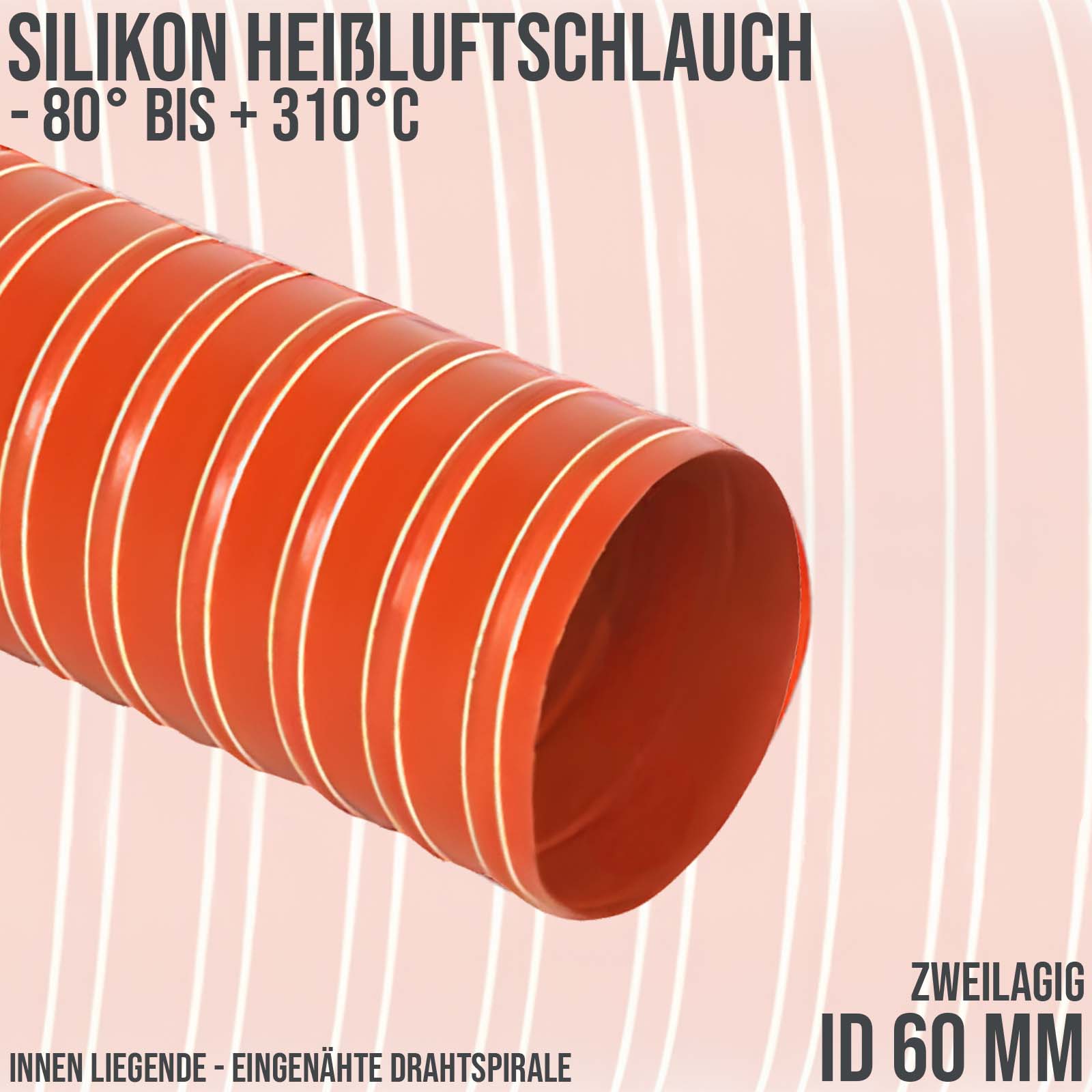 60 mm Silikon Heißluftschlauch rot - zweilagig - Wandstärke 0,46 mm - PN 2.2 bar
