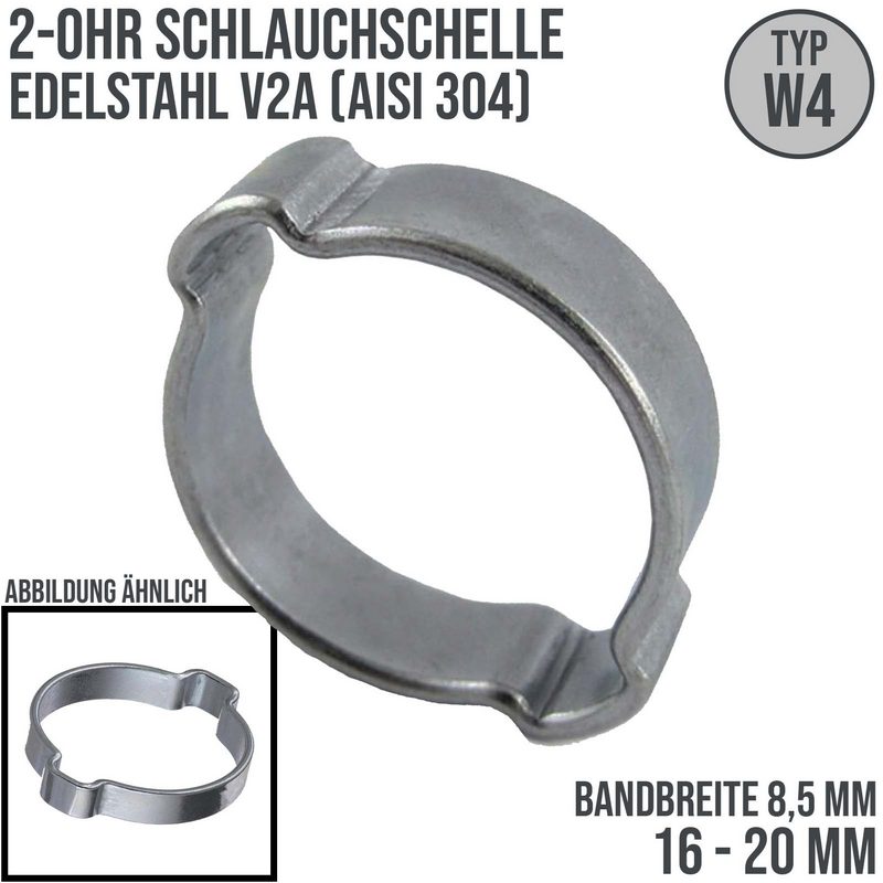 16 - 20 mm 2-Ohr Doppel Schlauch Schelle Edelstahl 1.4307 W4 - Bandbr. 8,5 mm