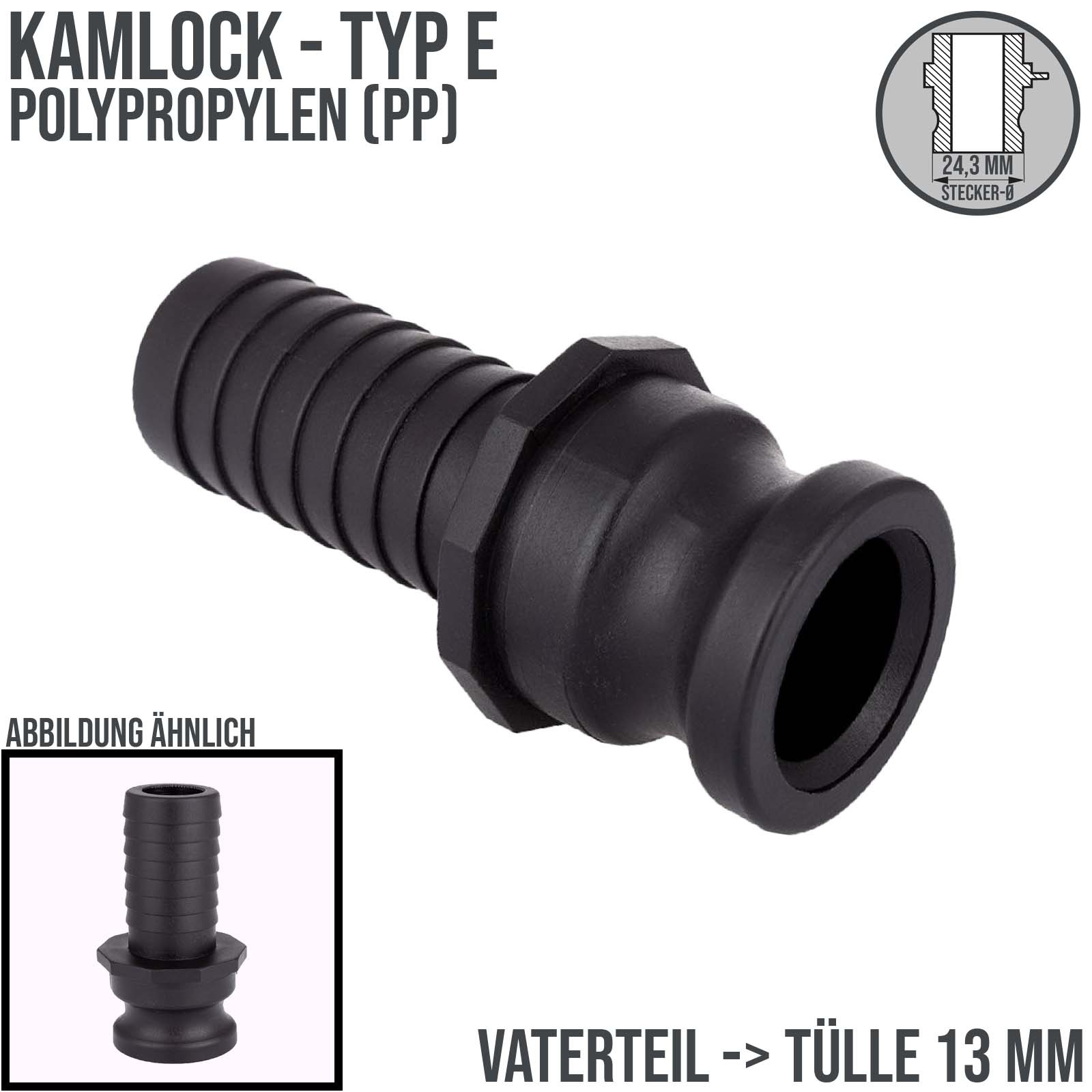 Kamlock Typ E - Vaterteil PP - 24,3 mm Stecker  -> Tülle 13 mm 1/2" Zoll DN13 DN15 - PN 8,5 bar