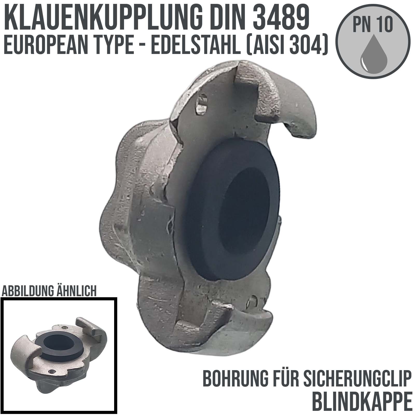 Klauen Kupplung Blind Kappe Edelstahl AISI 304 European Type Abstand 42 mm Bohrung - PN 10 bar
