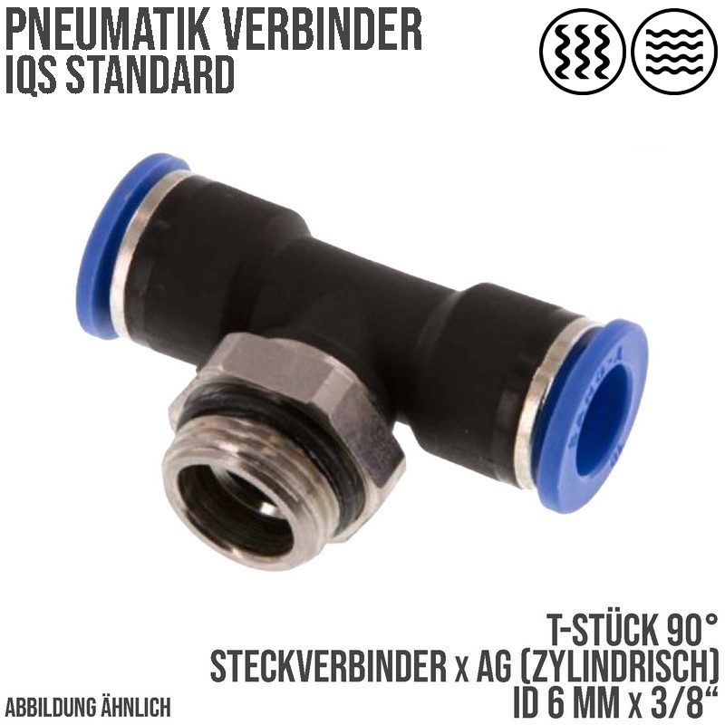 6 mm x 3/8" Pneumatik Steck Verbinder T-Stück 90° IQS Außengewinde zylindrisch - PN 20 bar
