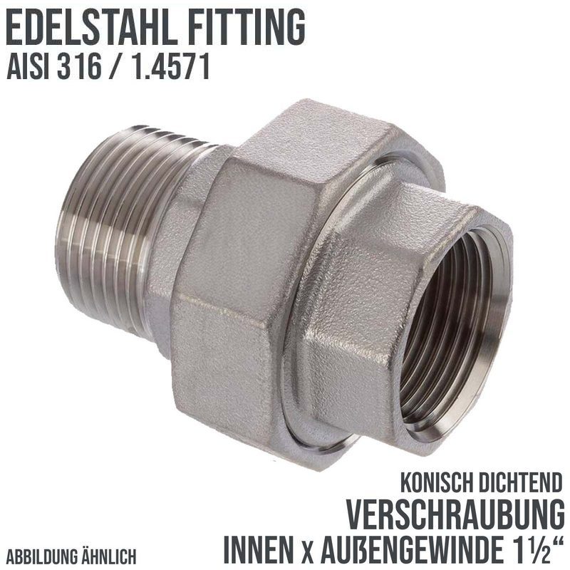 1 1/2" Edelstahl Fitting V4A AISI 316 Nr. 341 - Verschraubung Innen x Außengewinde IG x AG konisch dichtend  - PN 16 bar