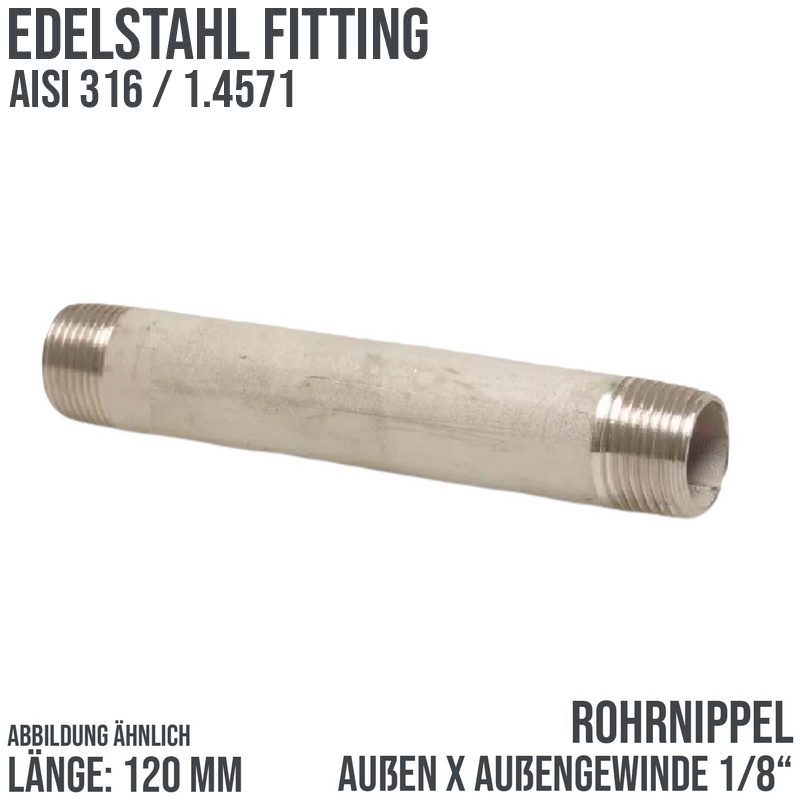 1/8 " Rohrnippel Edelstahl (1.4571) Nr. 23 - 100 mm Länge Außen x Außengewinde AG Fittings - PN 20 bar