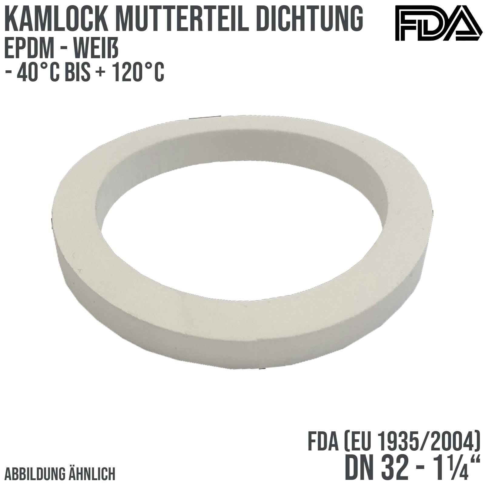 1 1/4" Zoll Kamlock Dichtung Mutterteil Kupplung EPDM FDA EU 1935/2004 weiß DN 32