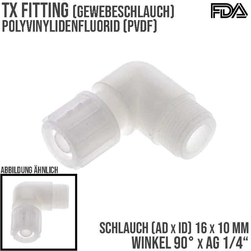 16 x 10 mm x 1/4" Winkel 90° Außengewinde TX Fitting Gewebe Schlauch Verbinder FDA PVDF weiß - PN 10 bar