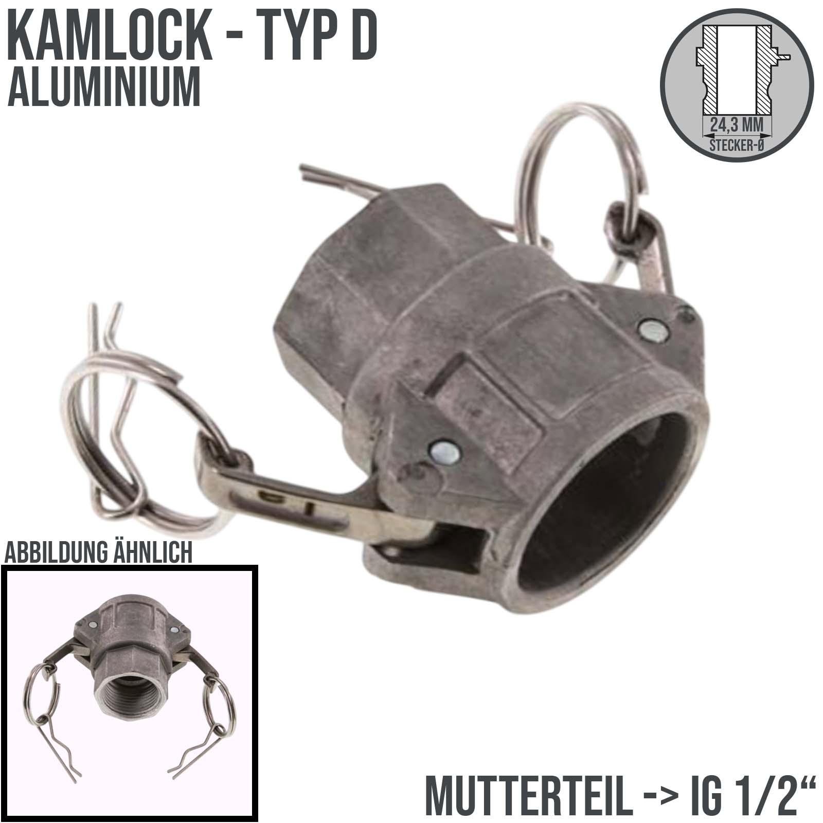 Kamlock Typ D - Mutterteil Aluminium ALU mit Innengewinde (IG) für Stecker 24,3 mm - 1/2" Zoll DN13 DN15 - PN 10 bar