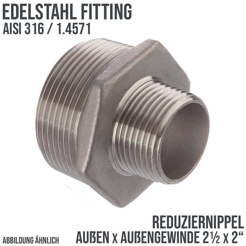 2 1/2" Edelstahl Fitting V4A AISI 316 Nr. 245 - Reduktionsnippel Außen x Außengewinde AG - 2 1/2" x 2" - PN 16 bar