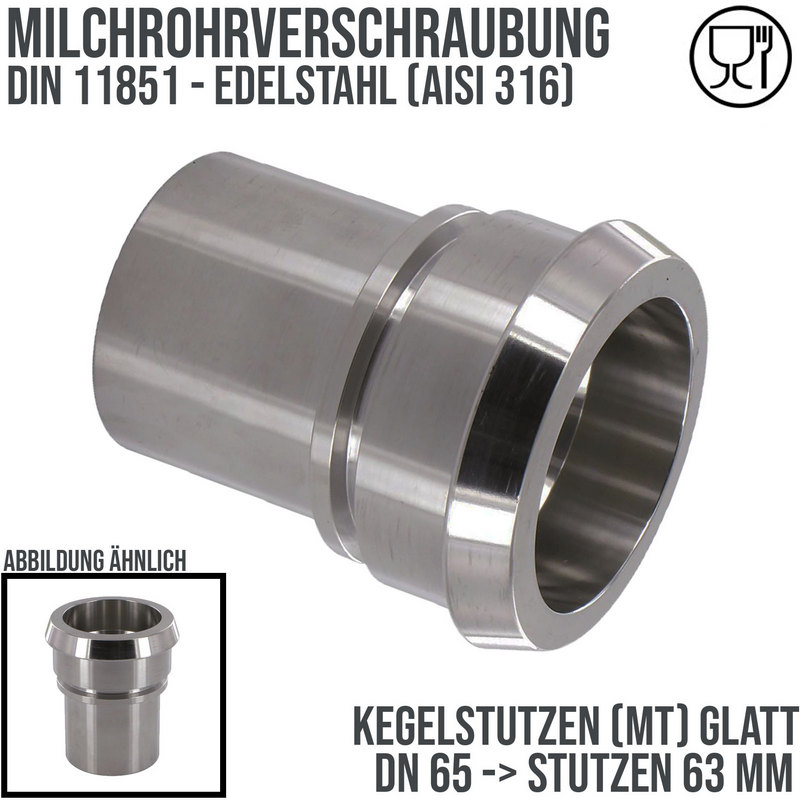 DN 65 Milchrohr Verschraubung DIN 11851 Mutterteil Kegel Stutzen Sicherungsbund - Stutzen glatt 63 mm - PN 25 bar