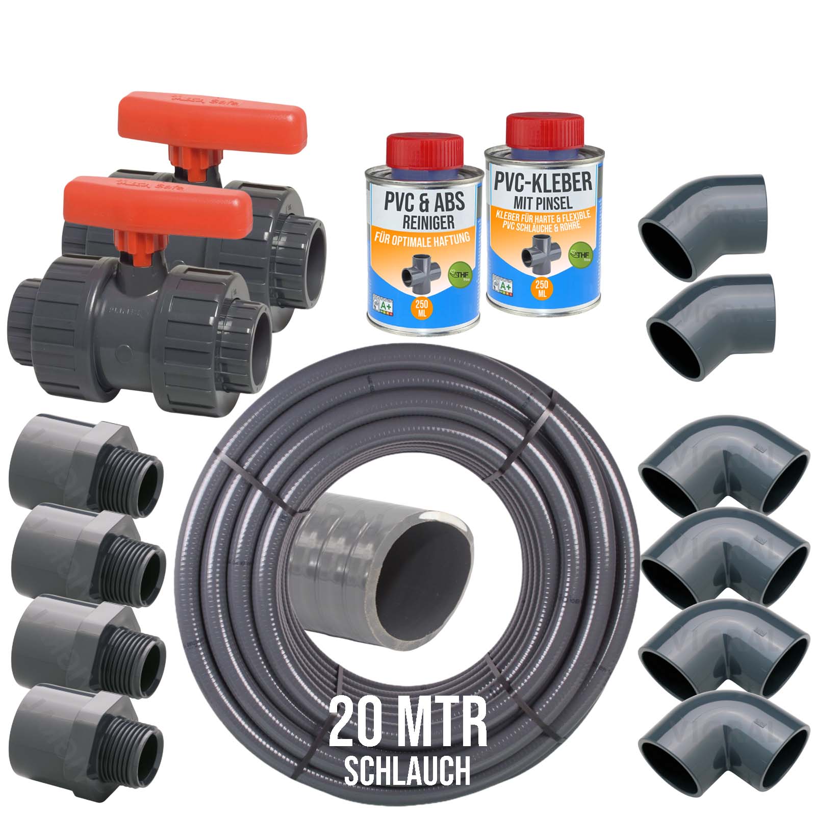 50 mm PVC Klebe Fittings Verrohrungspaket Pool Schwimmbad Schlauch FLEX (2") - 20 m - rot
