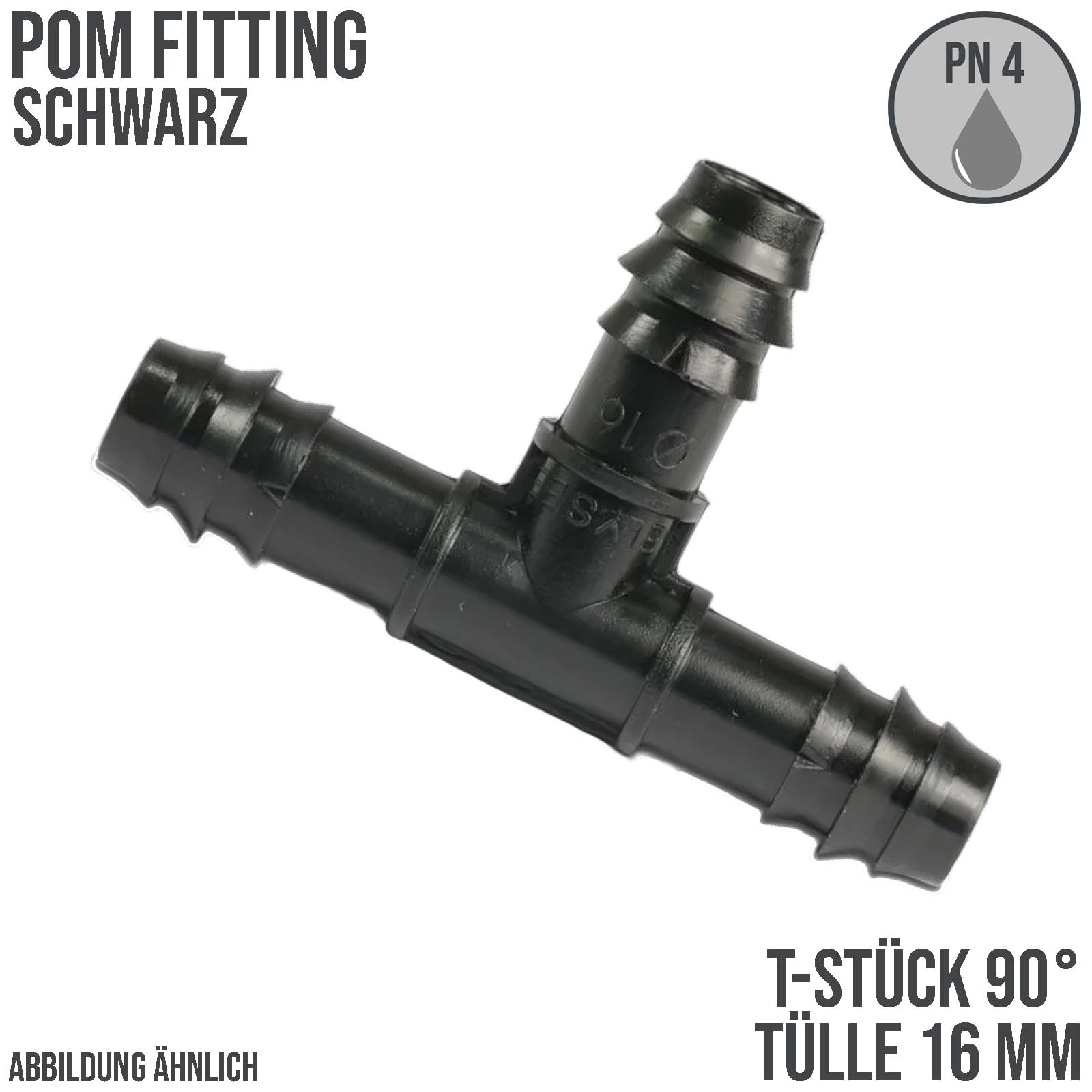 16 mm POM T-Stück 90° Schlauch Verbinder Stutzen Tülle Kupplung Tropf Fitting schwarz PN 4 bar