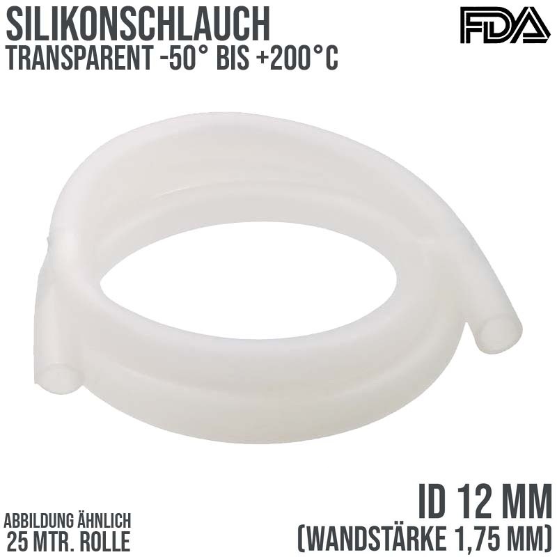 12 x 15,5 mm Silikon Silicon Milch Schlauch transparent lebensmittelecht FDA 0,20 bar - 25 m