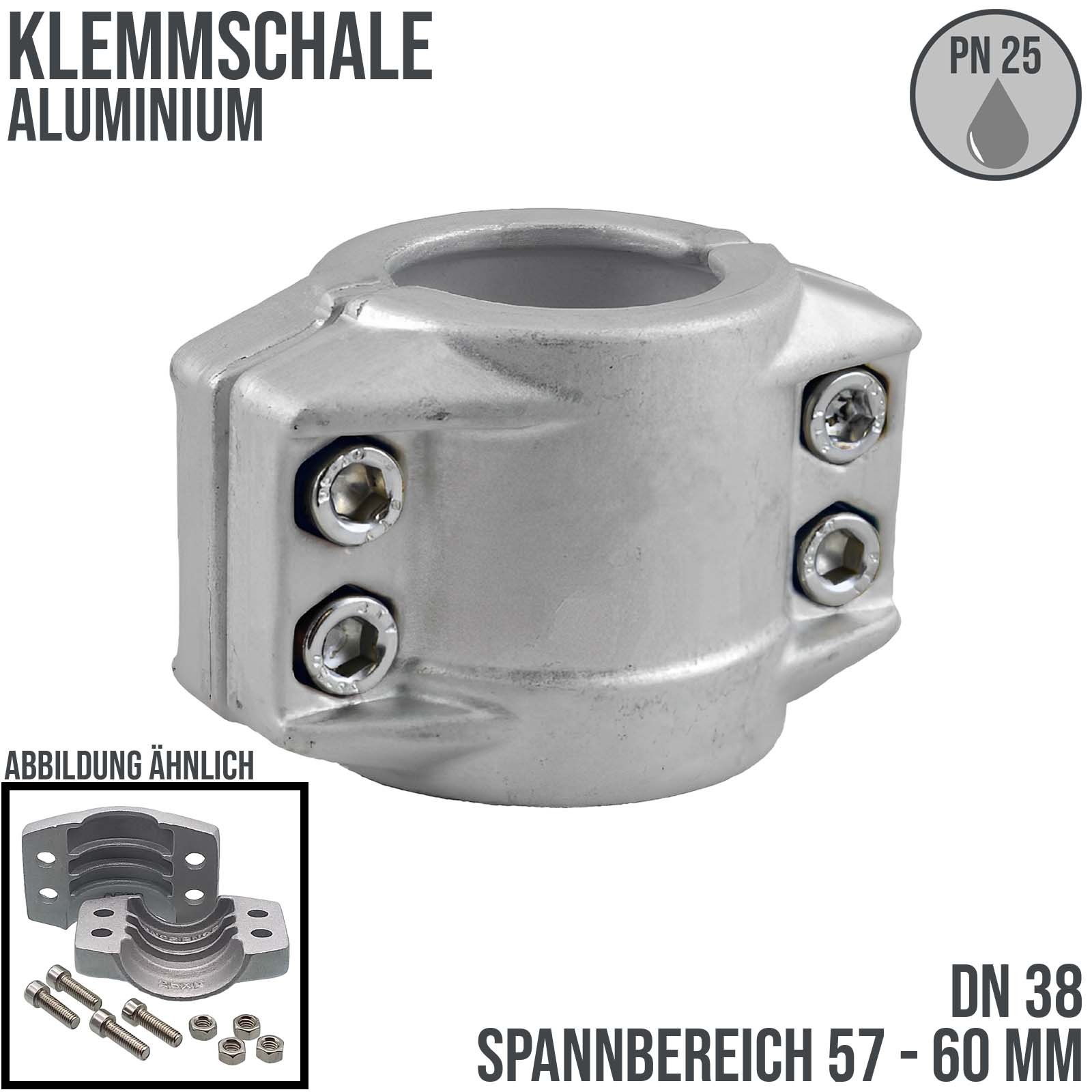 DN 38 Klemmschale Aluminium Spannbereich 57 - 60 mm für Schlauch ID x AD 38 x 58 mm - PN 25 bar