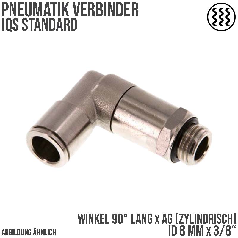 8 mm x 3/8" Pneumatik Steck Verbinder Winkel 90° lang IQS MSV Messing Außengewinde zylindrisch - PN 16 bar