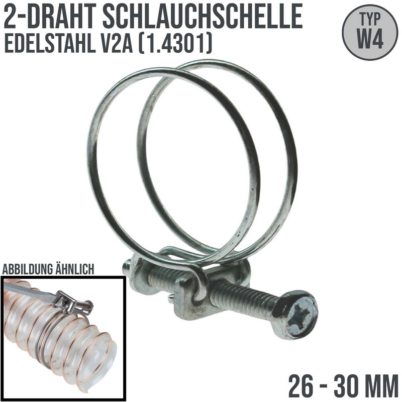 26 - 30mm 2 Draht Schlauch Schelle W4 Edelstahl AISI 1.4301