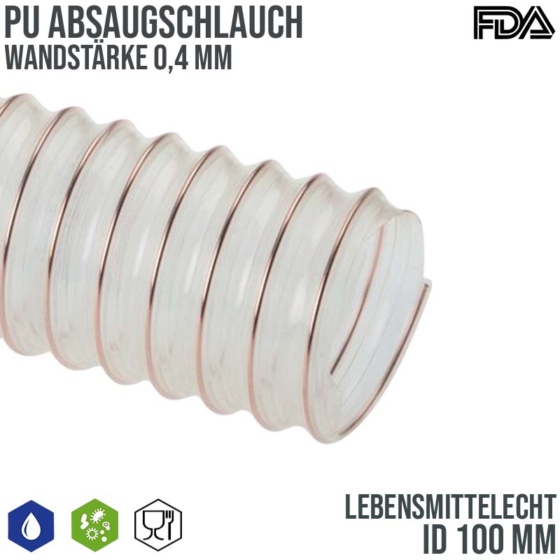 100 mm PU Saug Ansaug Druck Spiral Flex FDA Lebensmittel Schlauch - Wandstärke 0,4 mm  - PN 0,20 bar
