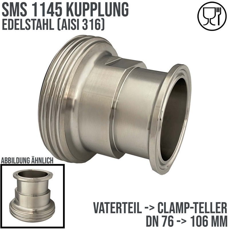 DN 76 SMS Kupplung 1145 Übergang Adapter Vaterteil Außengewinde -> Clamp Teller 106,0 mm - PN 25 bar