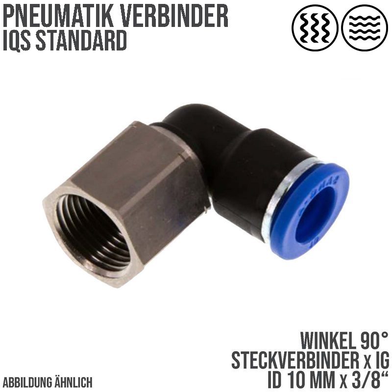 10 mm x 3/8" Pneumatik Steck Verbinder Winkel 90° IQS Innengewinde - PN 20 bar