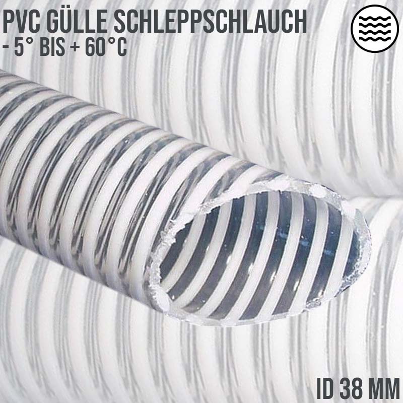 38 mm PVC Saug Schlepp AnSaug Schlepp Spiral Förder Pumpen Gülle Wasser Schlauch Multi-Purpose transparent