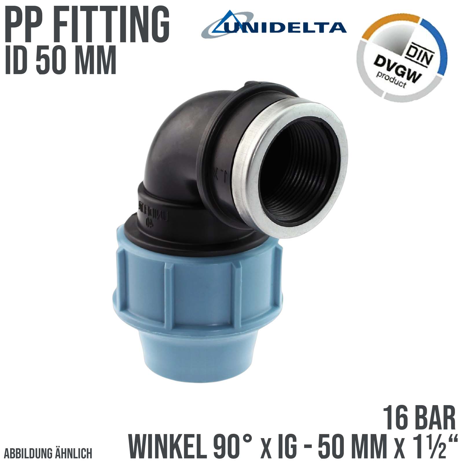 50 mm x 1 1/2" PE PP Fitting Klemm Verbinder Verschraubung Rohr Winkel 90° x IG DVGW - Unidelta 