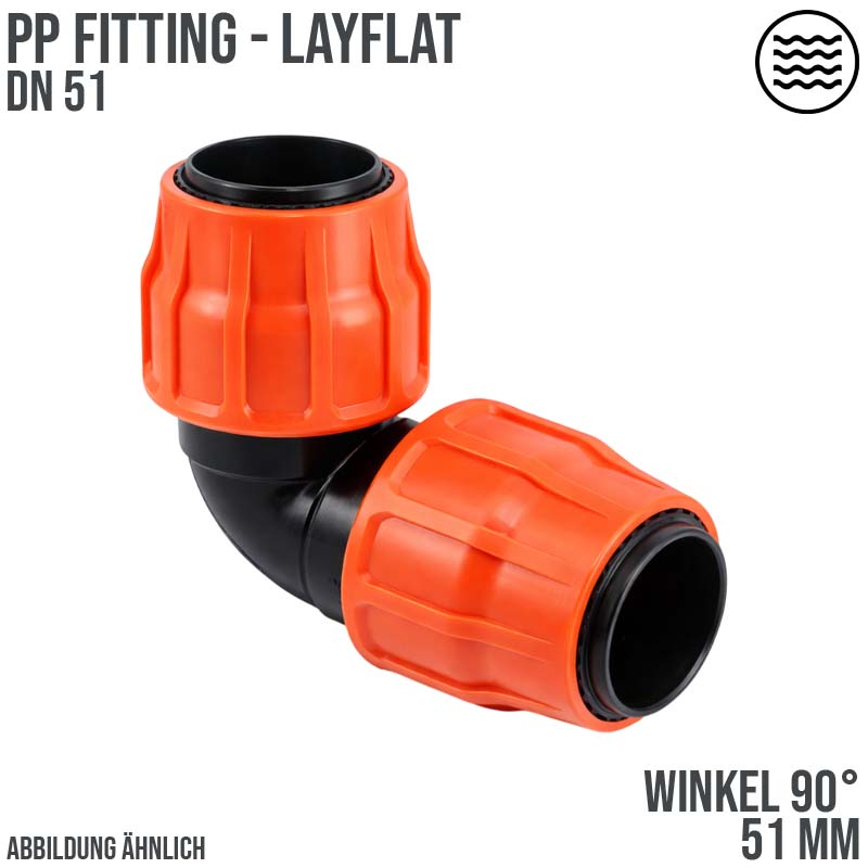 51 mm PE PP Fitting Layflat Klemm Verbinder Winkel 90° Kupplung Flach Schlauch - PN 10 bar