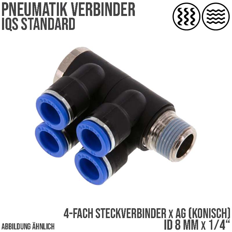 8 mm x 1/4" Pneumatik Steck Verbinder 4-fach Verteiler IQS Außengewinde konisch - PN 20 bar