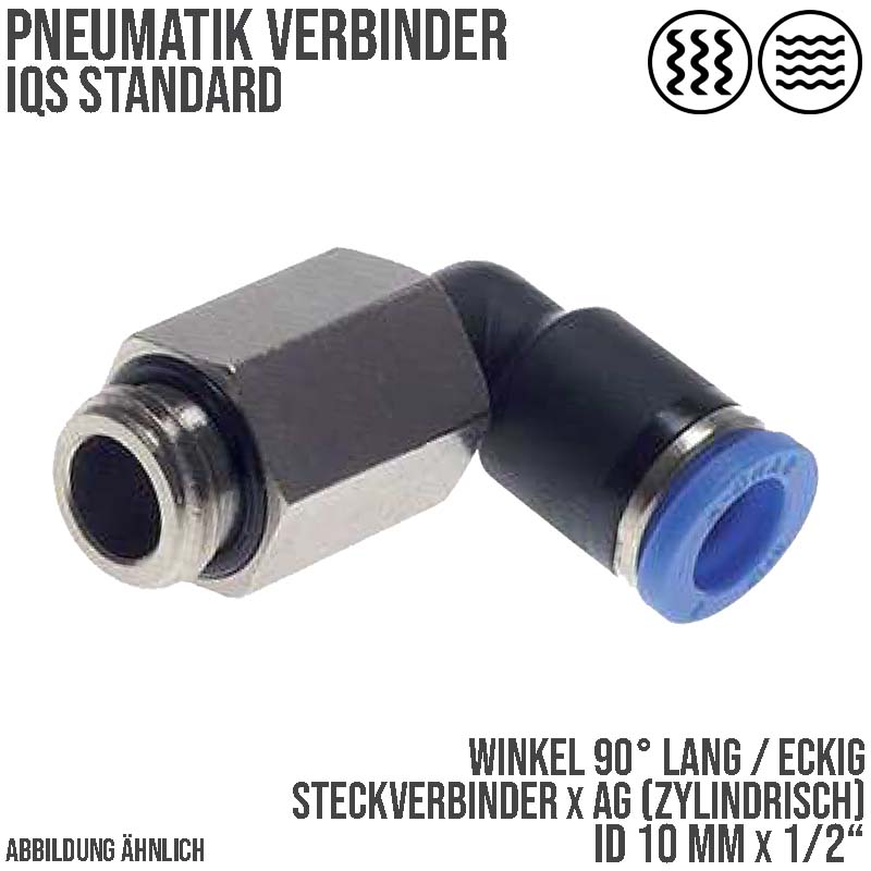 10 mm x 1/2" Pneumatik Steck Verbinder Winkel 90° lang IQS Außengewinde zylindrisch - PN 20 bar