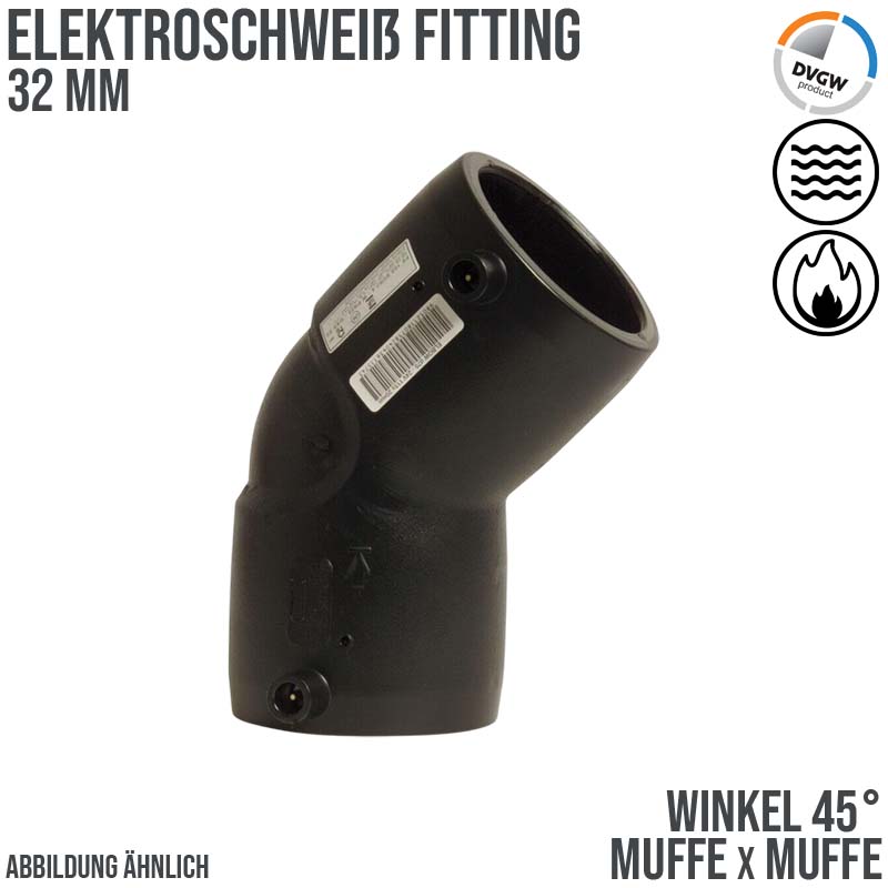 32 mm PE 100 Elektro Schweiß Fitting Winkel 45° Muffe SDR 11 DVGW 24 VAC schwarz