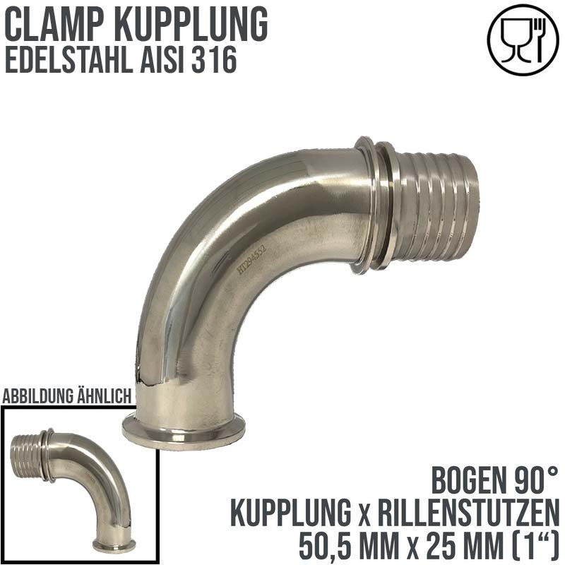 CLAMP Kupplung 90° Bogen 50,5 mm Schlauch Stutzen Tülle Rillen 25 mm 1" - PN 16 bar