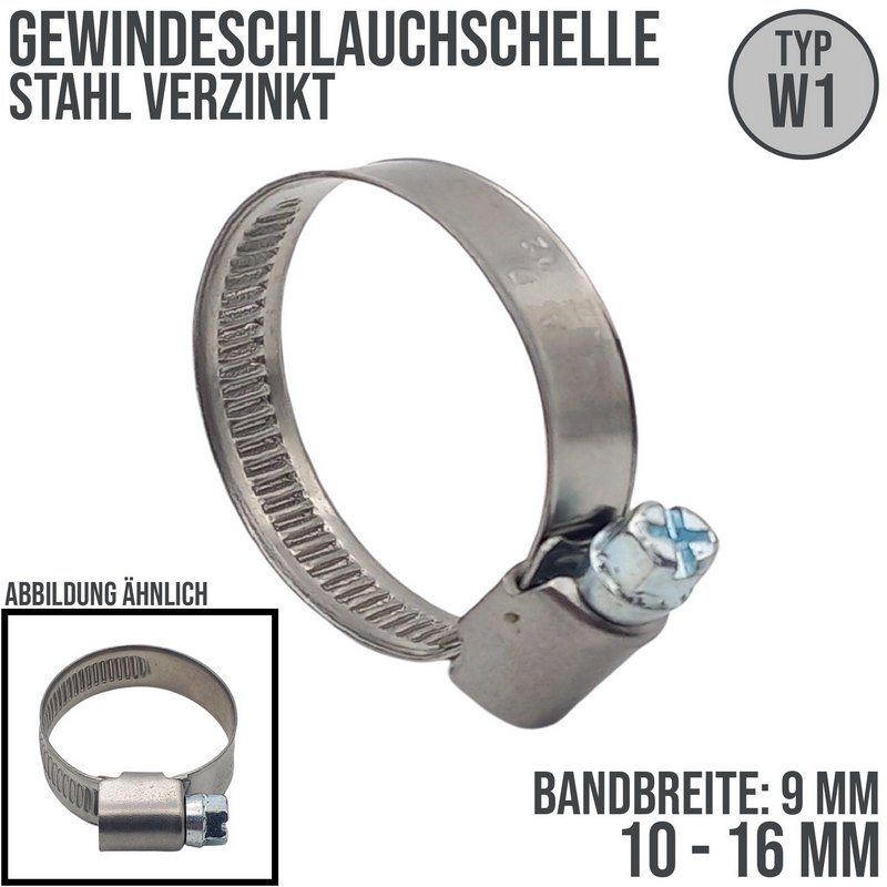 10 - 16 mm Schlauchschelle W1 Stahl verzinket Rohr Gewinde Schelle - Band: 9 mm