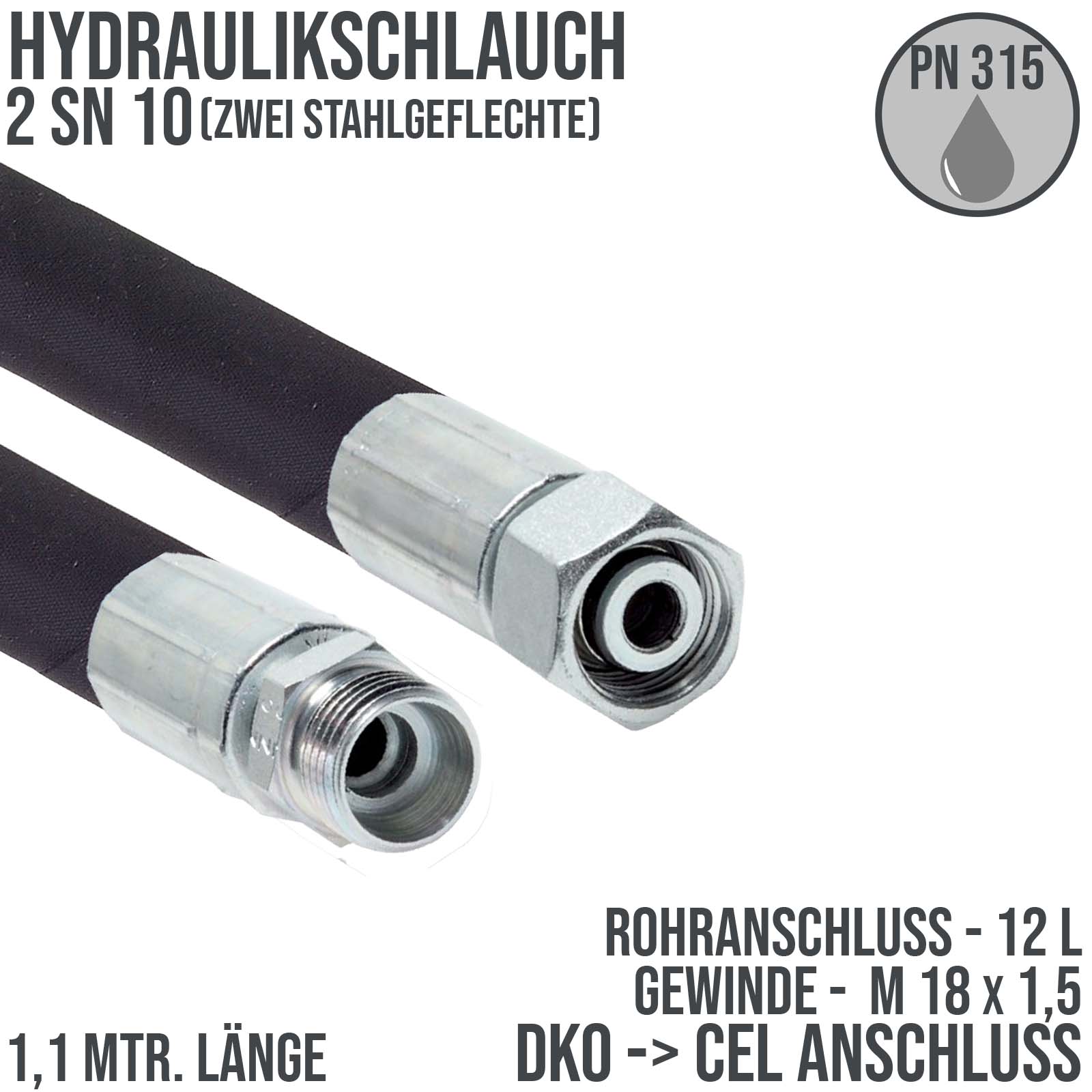 Hydraulikschlauch DN 10 2SN10 - 12 L DKO (IG) auf CEL (AG) Anschluss (M 18 x 1,5) - 1100 mm