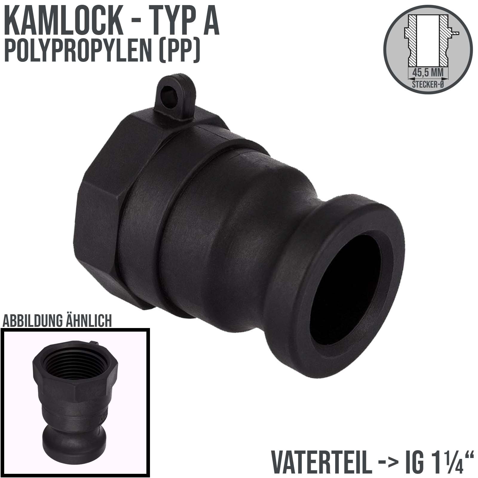 Kamlock Typ A - Vaterteil PP Polypropylen - 45,5 mm Stecker mit Innengewinde (IG) 1 1/4" Zoll DN 32  - PN 6 bar