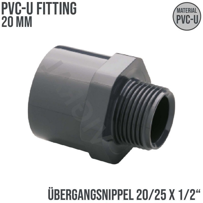 20 mm PVC Klebe Fitting Übergangsnippel Sechs-/Achtkant 20/25 mm x 1/2" Muffe Verbinder - PN 10 bar