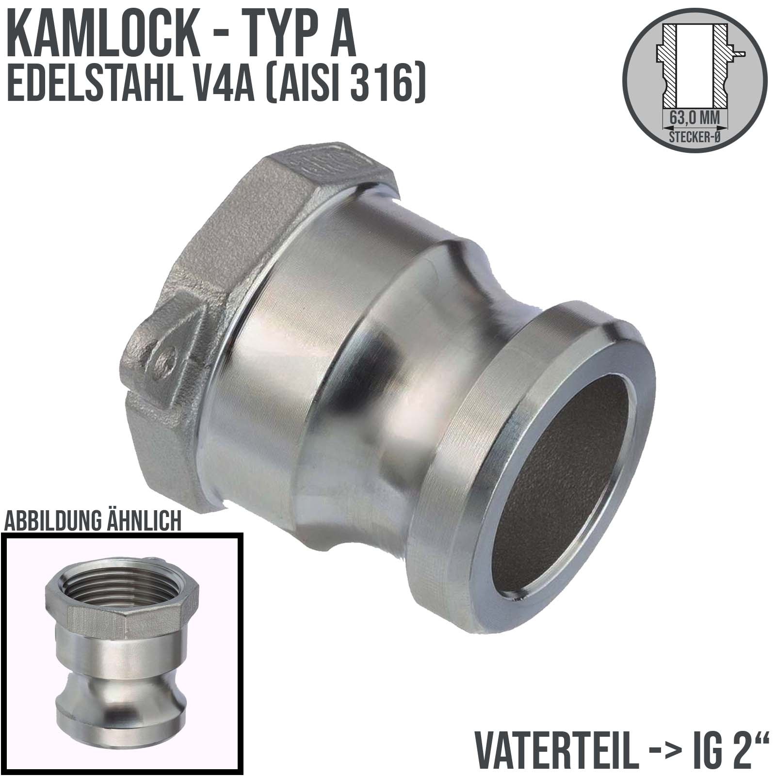 Kamlock Typ A - Vaterteil Edelstahl V2A (AISI 316) - 63,0 mm Stecker mit Innengewinde (IG) 2" Zoll DN 50 - PN 10 bar