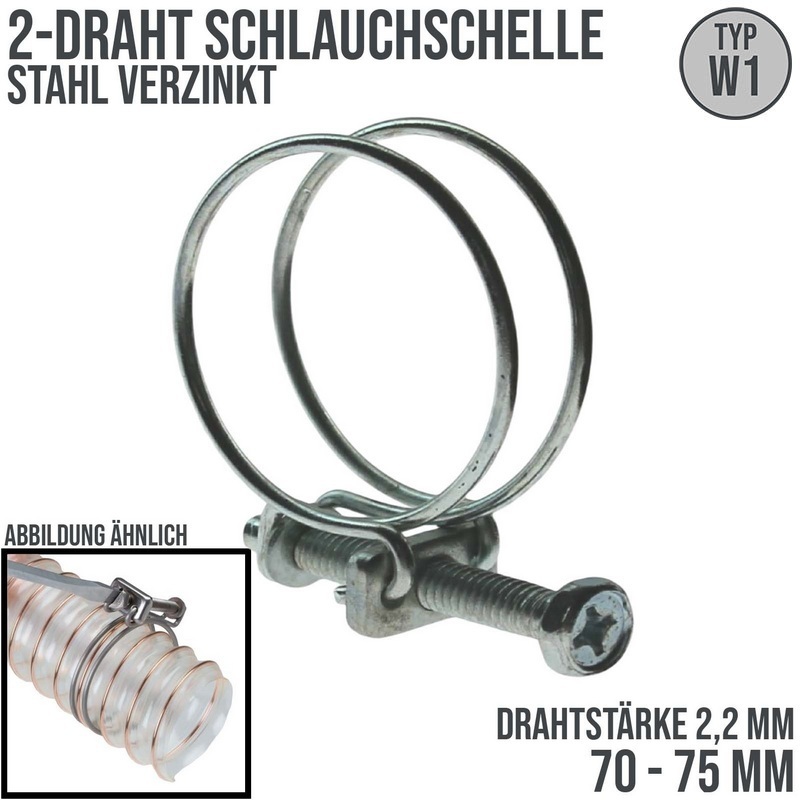 70 - 75 mm 2-Draht Schlauch Schelle W1 Stahl verzinkt Schraube M6 x 50 Draht 2,2 mm