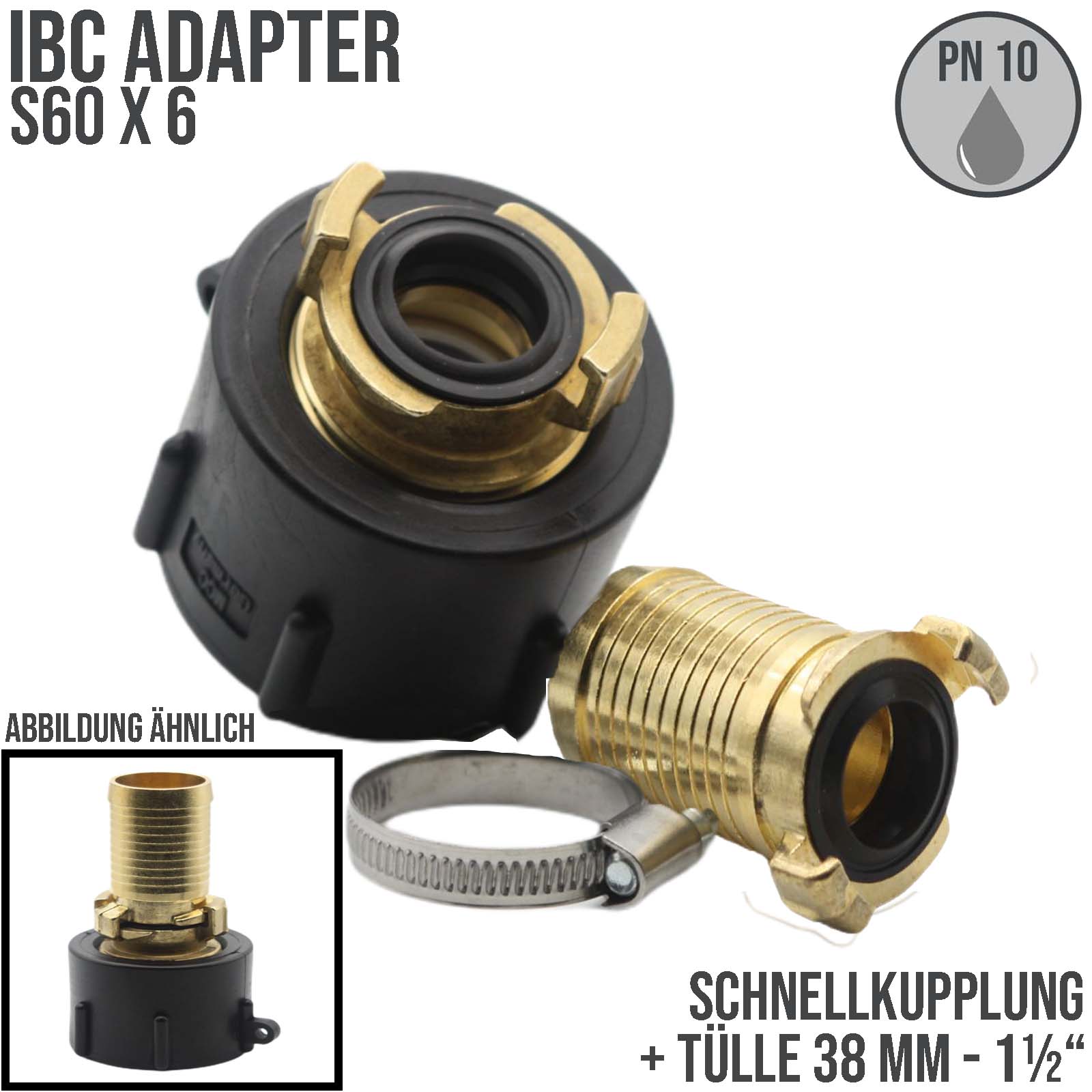 S60 x 6 IBC Adapter auf Schnellanschluss + Kupplung 1 1/2" 38 mm Container Tank Zubehör (GEKA kompatibel) 