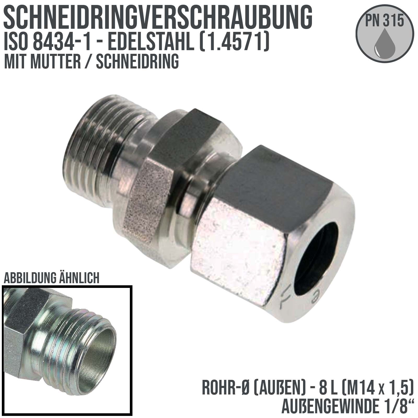 1/8" AG 8 L Schneidring Verschraubung Außengewinde M 14 x 1,5 Edelstahl V4A 1.4571 - PN 315 bar