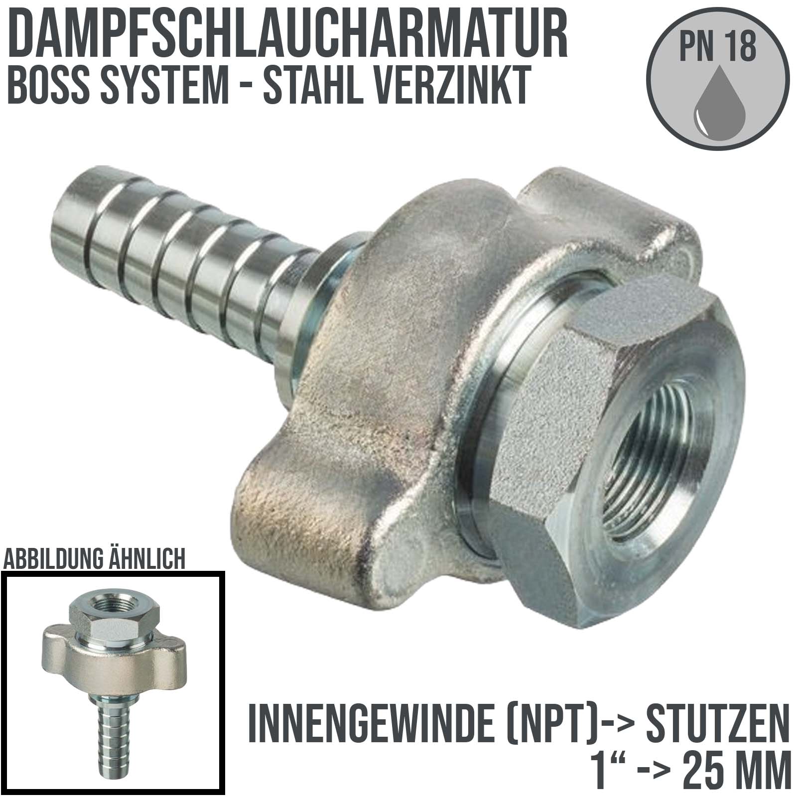 1" BOSS Dampfschlaucharmatur Innengewinde NPT Sicherungsbund Stahl verzinkt Stutzen Tülle 25 mm - PN 18 bar