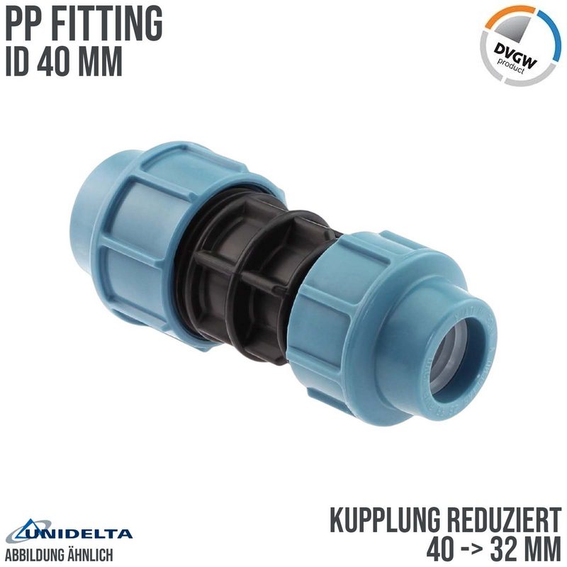 40 x 32 mm PE PP Fitting Klemm Verbinder reduziert Verschraubung Muffe Kupplung DVGW - Unidelta